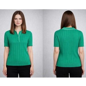 Adrianna Papell Knit Polo Top Women Medium Green Preppy Coastal Ribbed Sweater